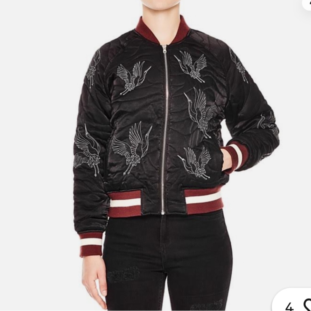 Sandro Vogel Black Quilted Jacket with Crane Embroidery